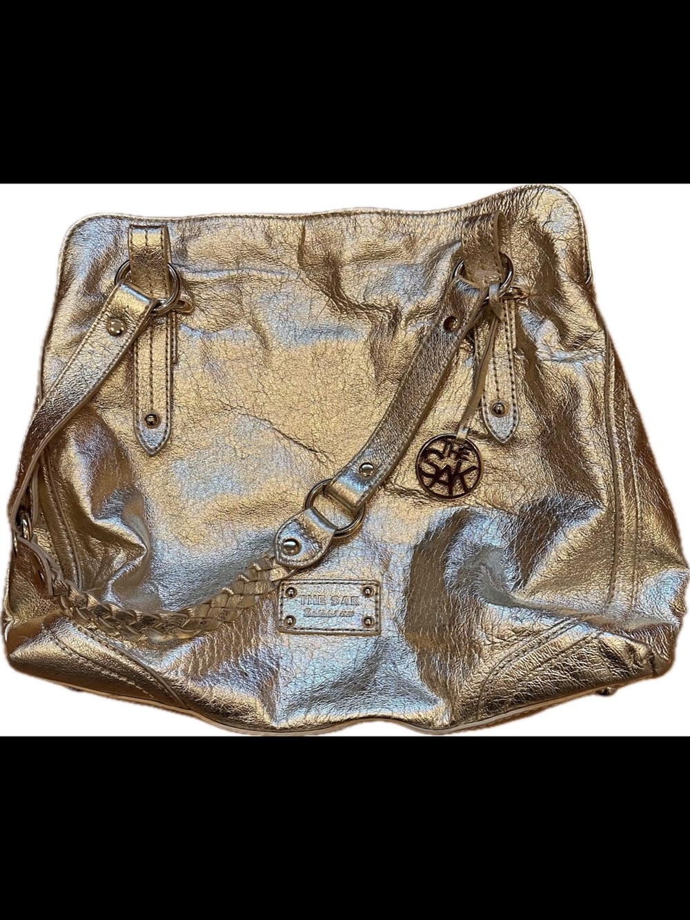 The Sak Leather Metallic Gold Hobo Shoulder Bag with Braided Strap NWOT